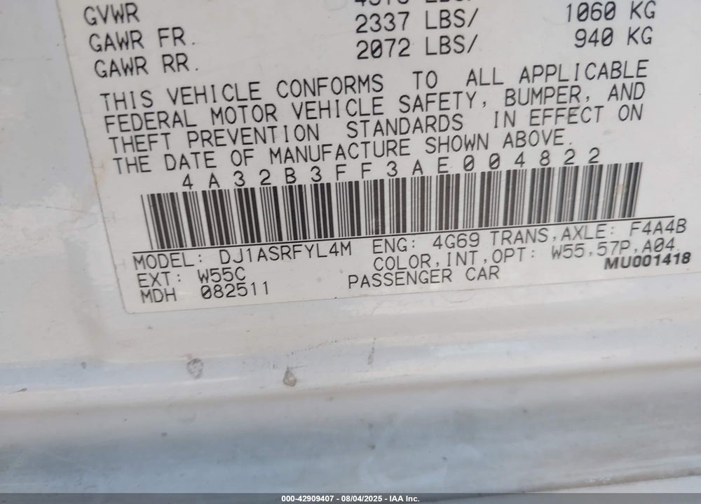 2010 MITSUBISHI GALANT VIN: 4A32B3FF3AE004822