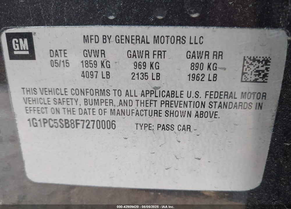 2015 CHEVROLET CRUZE VIN: 1G1PC5SB8F7270006
