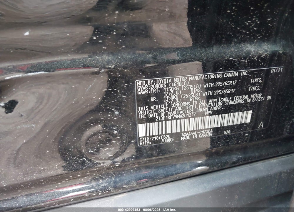2021 TOYOTA RAV4 VIN: 2T3F1RFV9MW201217