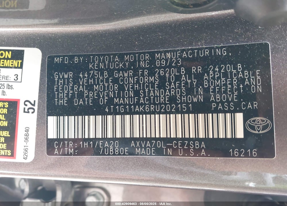 2024 TOYOTA CAMRY VIN: 4T1G11AK6RU202151