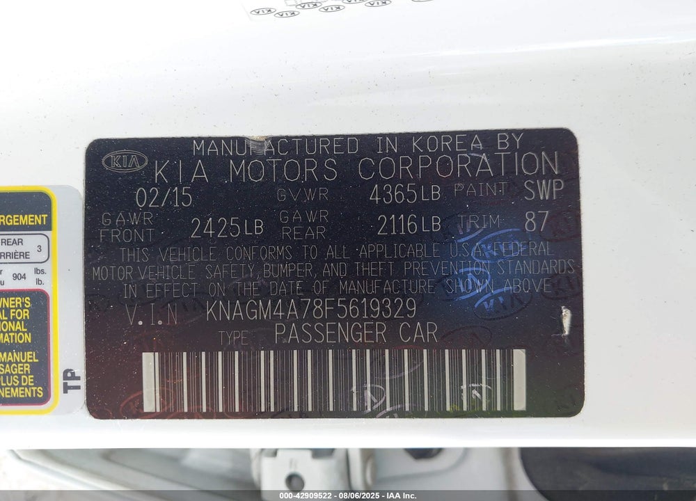 2015 KIA OPTIMA VIN: KNAGM4A78F5619329