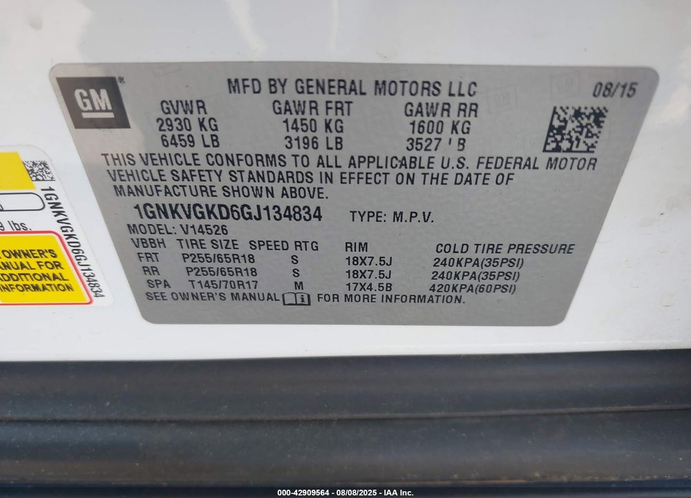 2016 CHEVROLET TRAVERSE VIN: 1GNKVGKD6GJ134834
