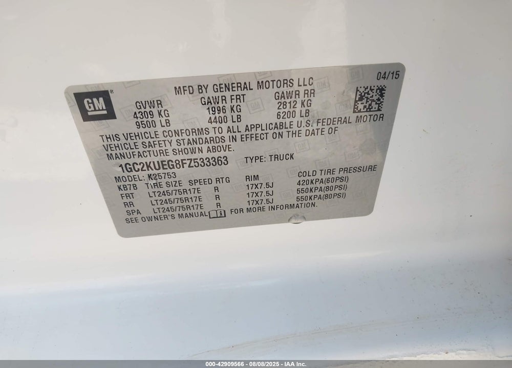 2015 CHEVROLET SILVERADO 2500HD WT VIN: 1GC2KUEG8FZ533363