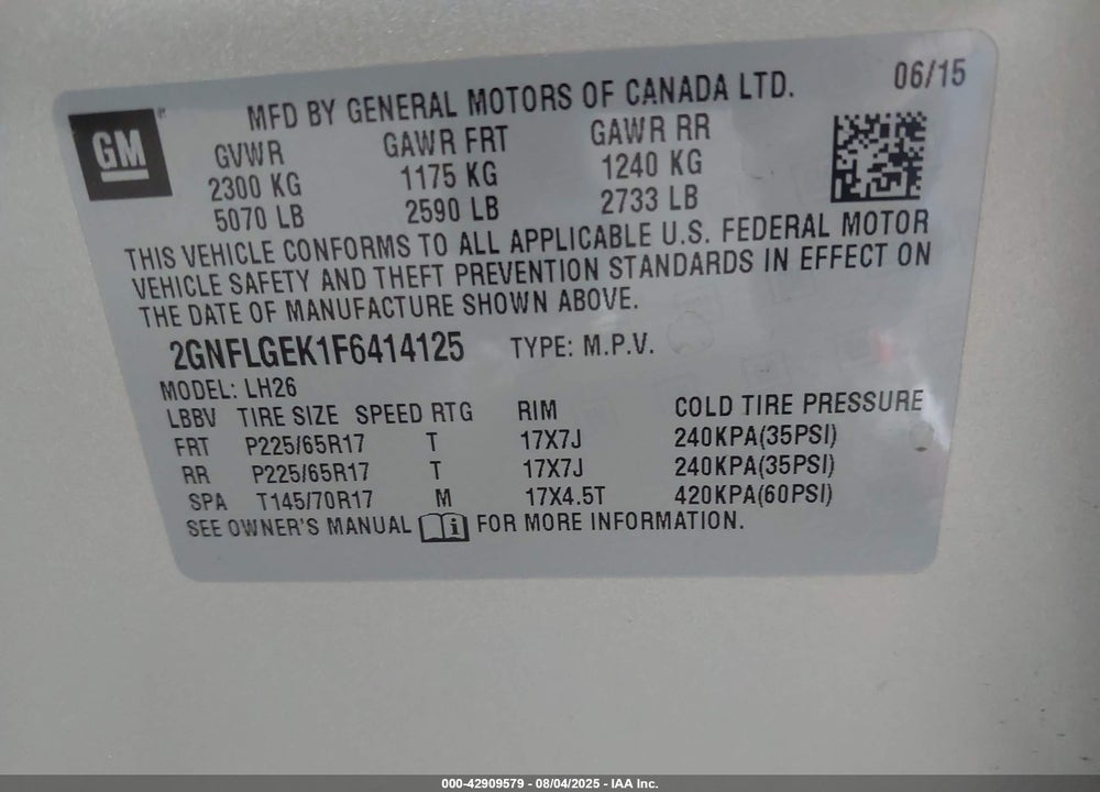 2015 CHEVROLET EQUINOX 2LT VIN: 2GNFLGEK1F6414125