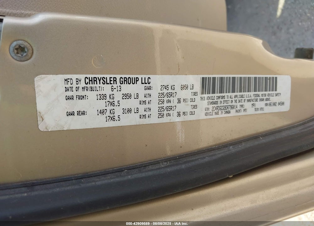 2013 DODGE GRAND CARAVAN SXT VIN: 2C4RDGCG9DR796014