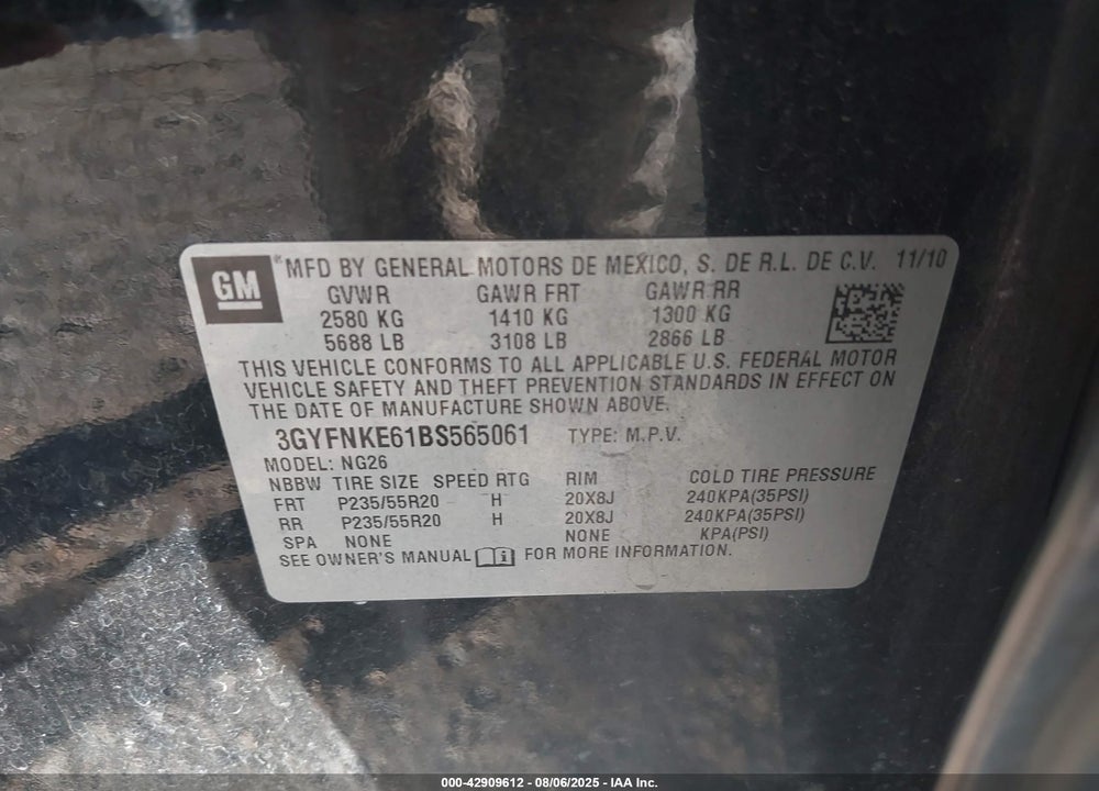 2011 CADILLAC SRX VIN: 3GYFNKE61BS565061