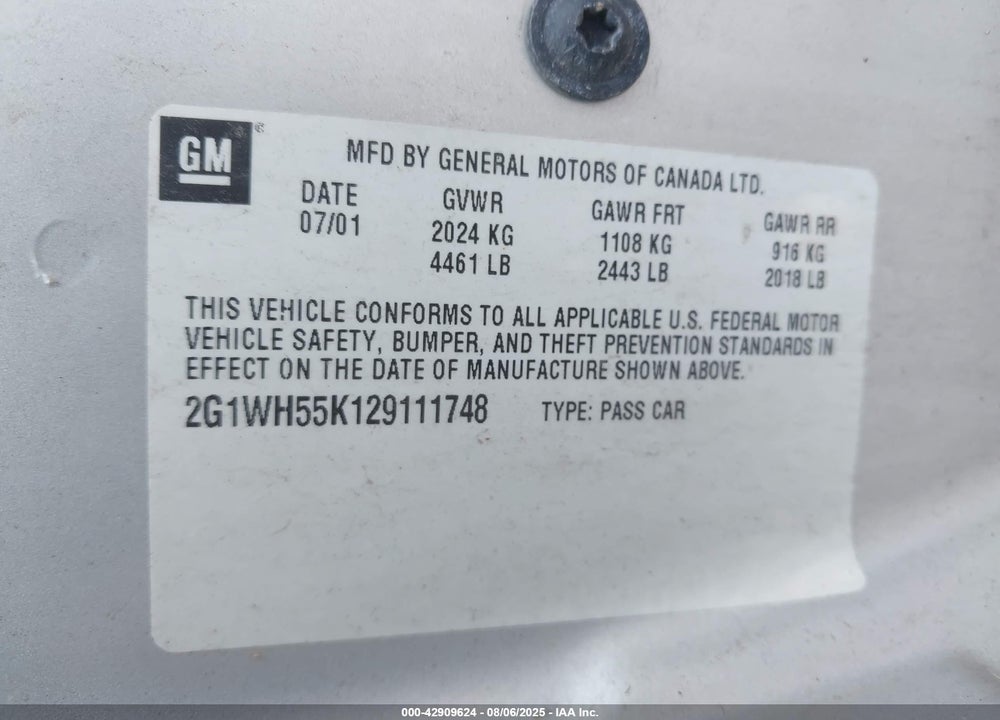 2002 CHEVROLET IMPALA LS VIN: 2G1WH55K129111748
