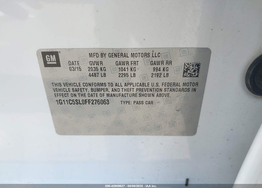 2015 CHEVROLET MALIBU VIN: 1G11C5SL0FF276063