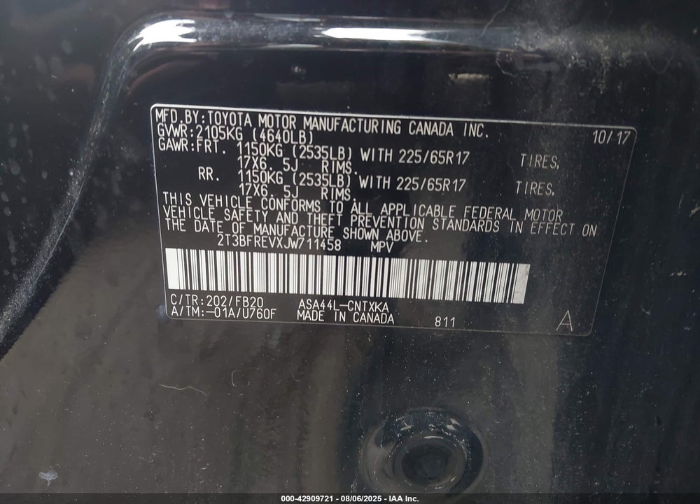 2018 TOYOTA RAV4 VIN: 2T3BFREVXJW711458