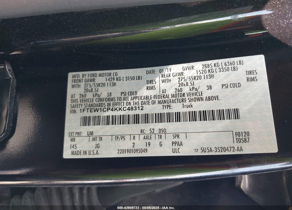 2019 FORD F-150 VIN: 1FTEW1CP4KKC48312
