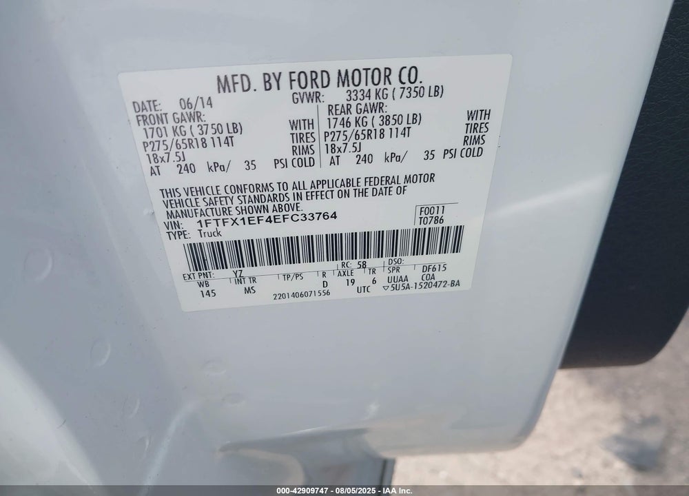 2014 FORD F-150 VIN: 1FTFX1EF4EFC33764