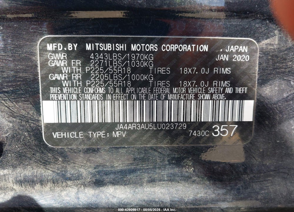 2020 MITSUBISHI OUTLANDER SPORT VIN: JA4AR3AU5LU023729