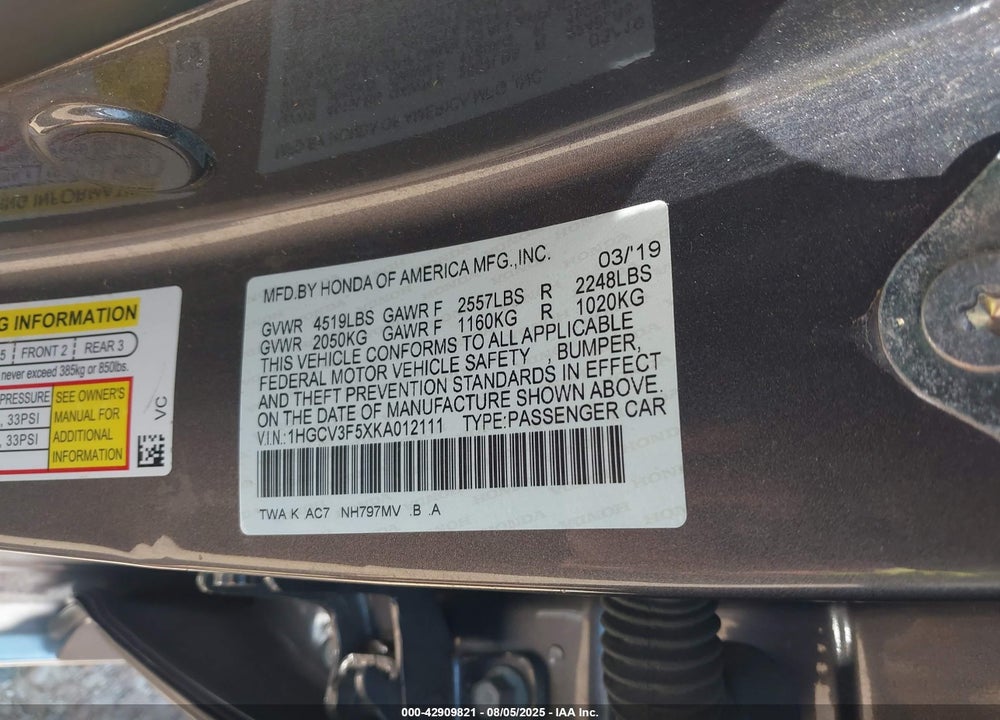 2019 HONDA ACCORD HYBRID EX-L VIN: 1HGCV3F5XKA012111