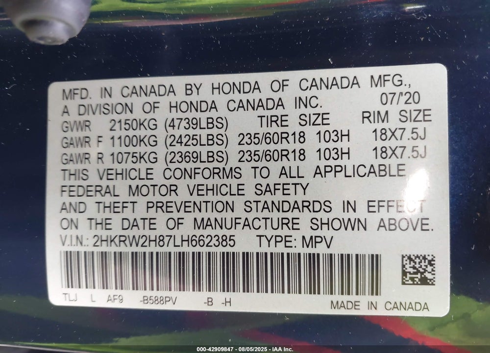 2020 HONDA CR-V VIN: 2HKRW2H87LH662385