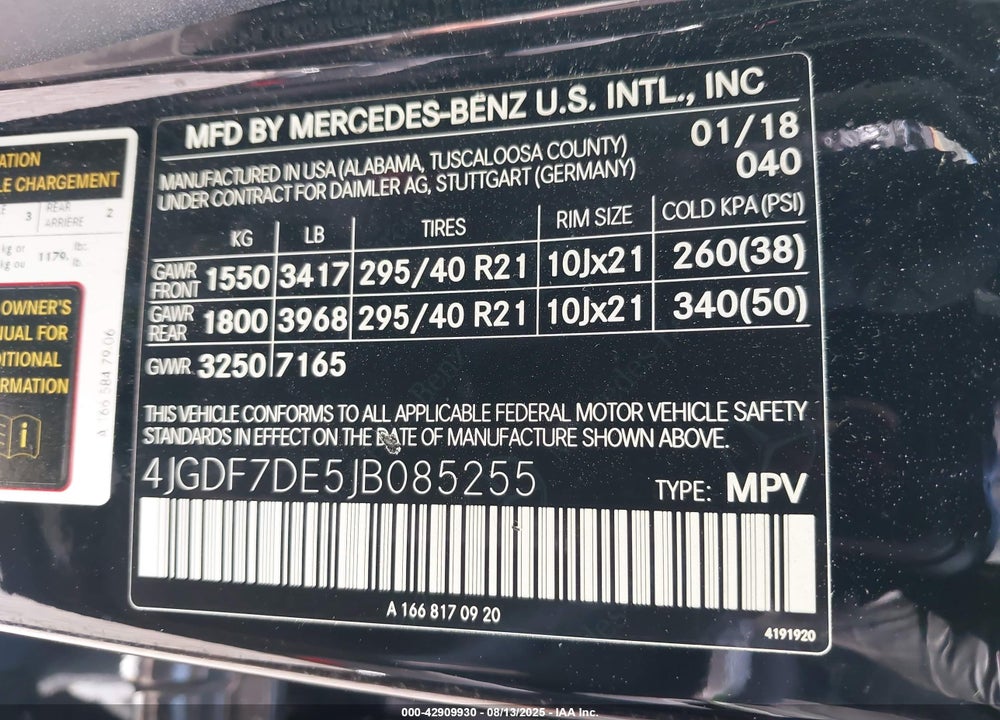 2018 MERCEDES-BENZ GLS-CLASS VIN: 4JGDF7DE5JB085255