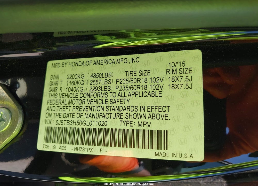 2016 ACURA RDX VIN: 5J8TB3H50GL011020