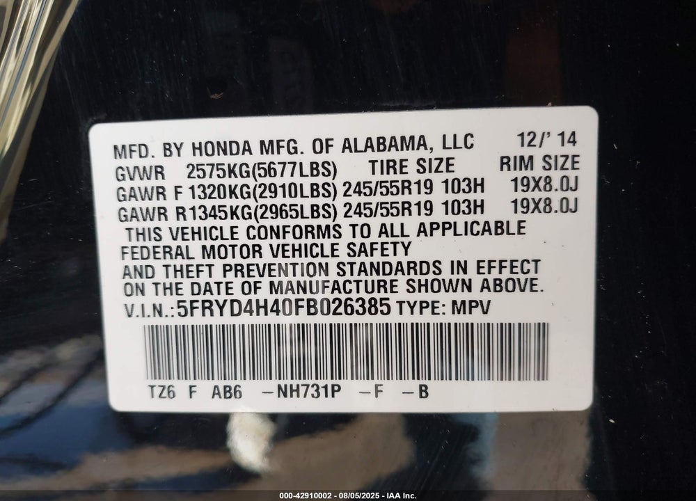 2015 ACURA MDX VIN: 5FRYD4H40FB026385