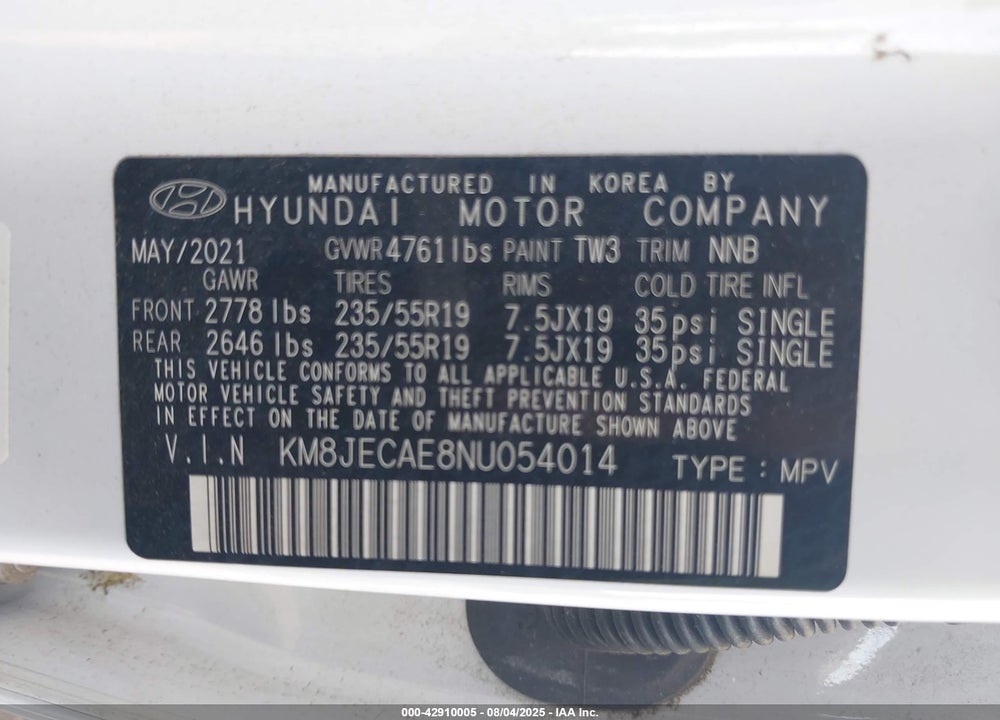 2022 HYUNDAI TUCSON VIN: KM8JECAE8NU054014