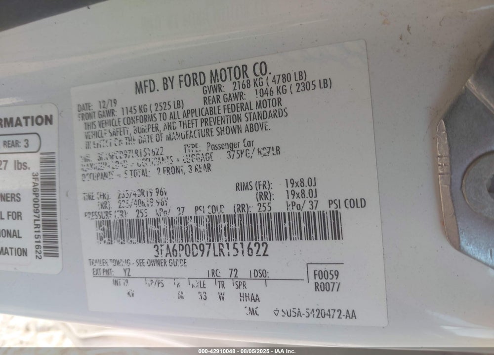 2020 FORD FUSION VIN: 3FA6P0D97LR151622