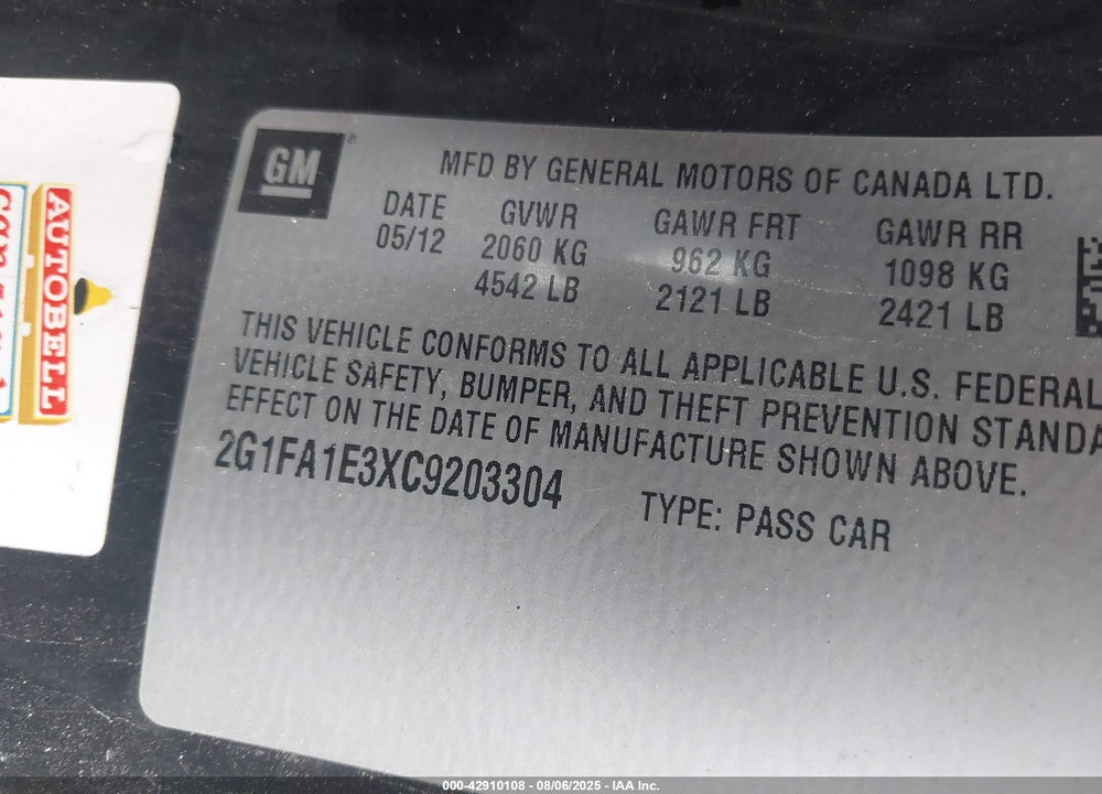 2012 CHEVROLET CAMARO 2LS VIN: 2G1FA1E3XC9203304