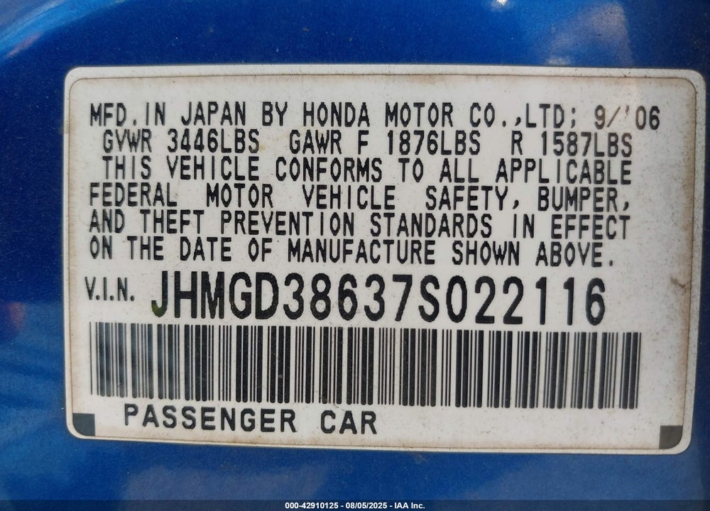 2007 HONDA FIT SPORT VIN: JHMGD38637S022116