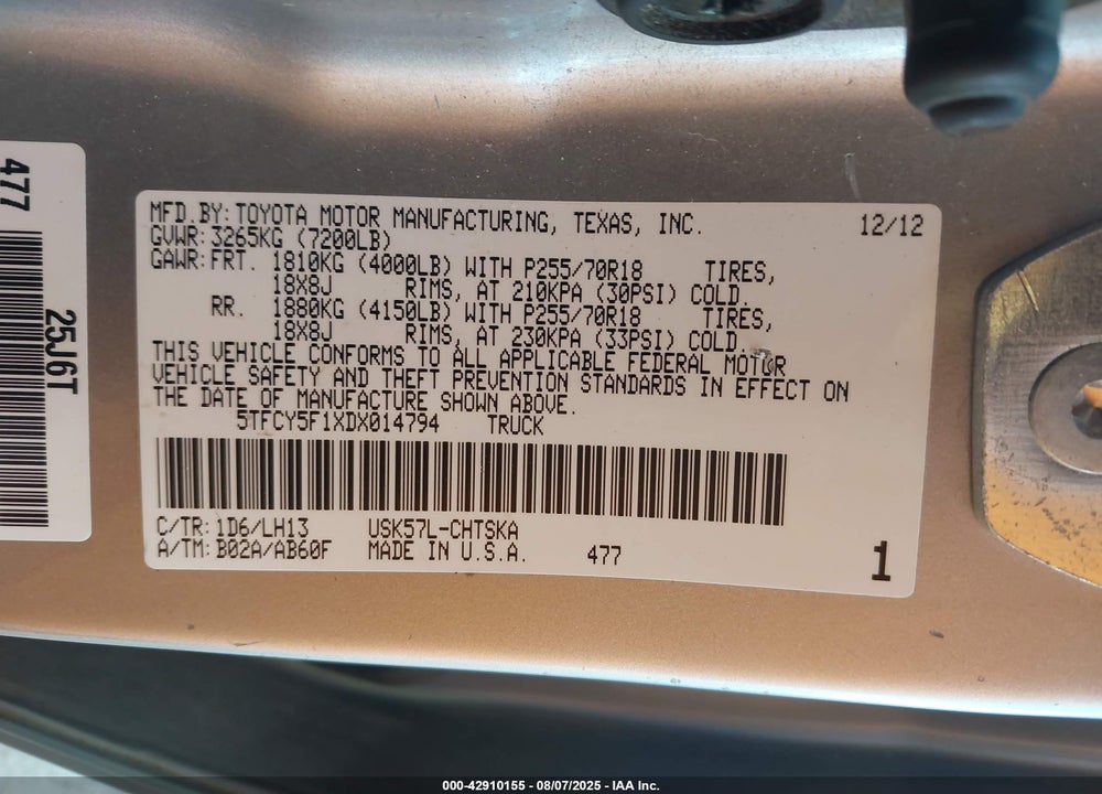 2013 TOYOTA TUNDRA VIN: 5TFCY5F1XDX014794