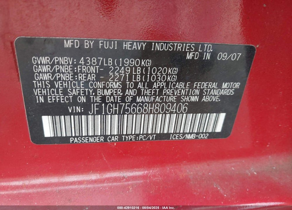 2008 SUBARU IMPREZA VIN: JF1GH75668H809406