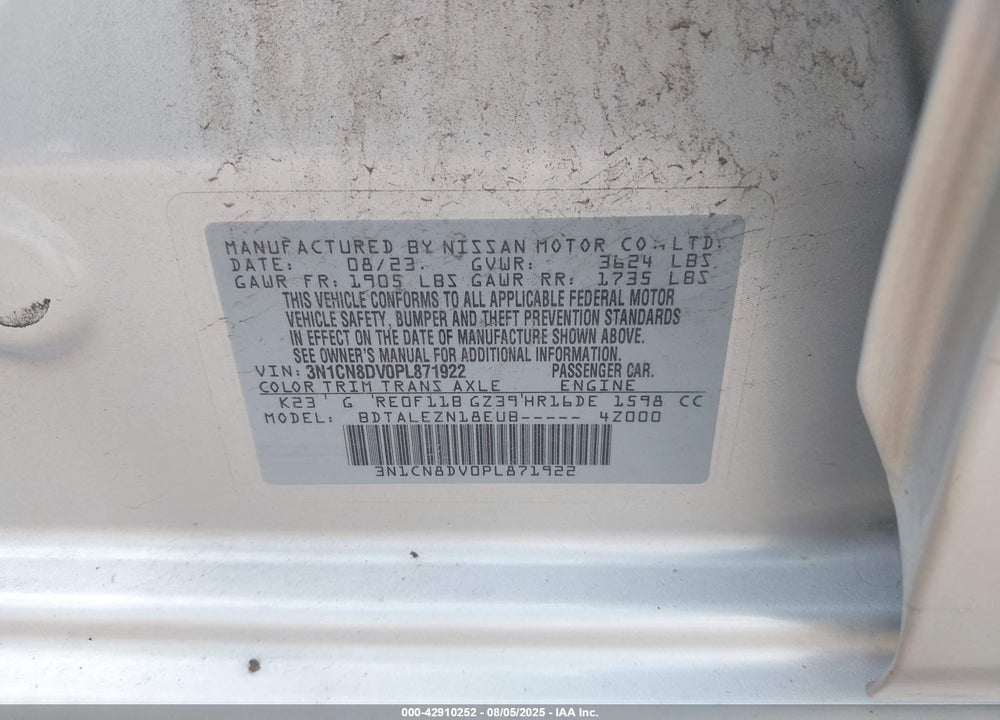 2023 NISSAN VERSA VIN: 3N1CN8DV0PL871922