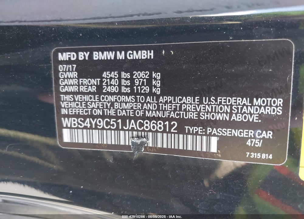 2018 BMW M4 VIN: WBS4Y9C51JAC86812