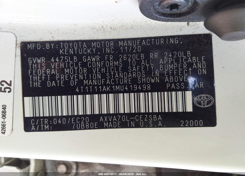 2021 TOYOTA CAMRY SE NIGHTSHADE EDITION VIN: 4T1T11AK1MU419498