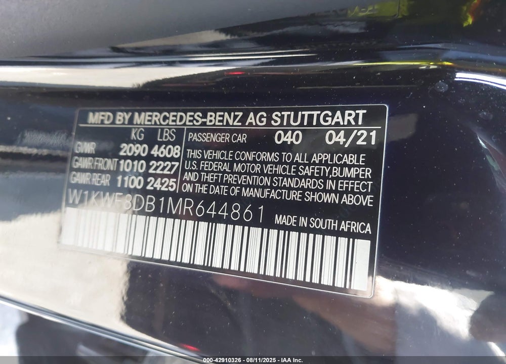 2021 MERCEDES-BENZ C 300 SEDAN VIN: W1KWF8DB1MR644861