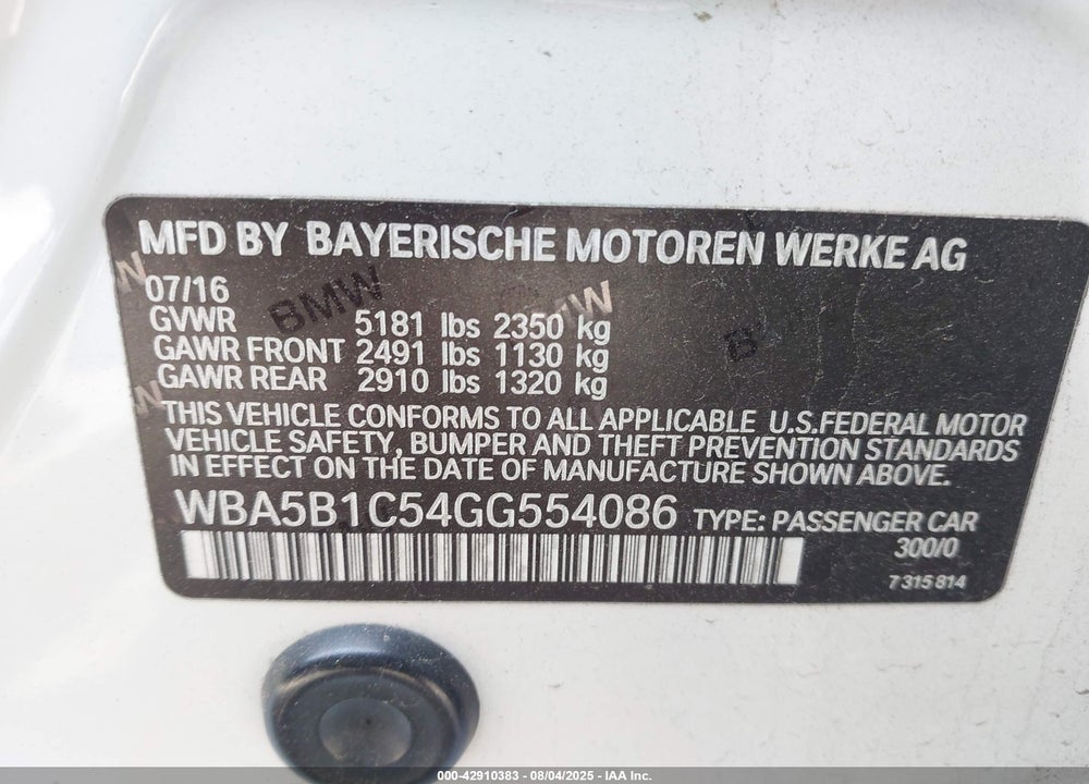 2016 BMW 5 SERIES VIN: WBA5B1C54GG554086