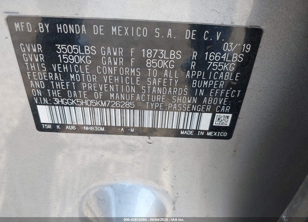 2019 HONDA FIT VIN: 3HGGK5H05KM726285