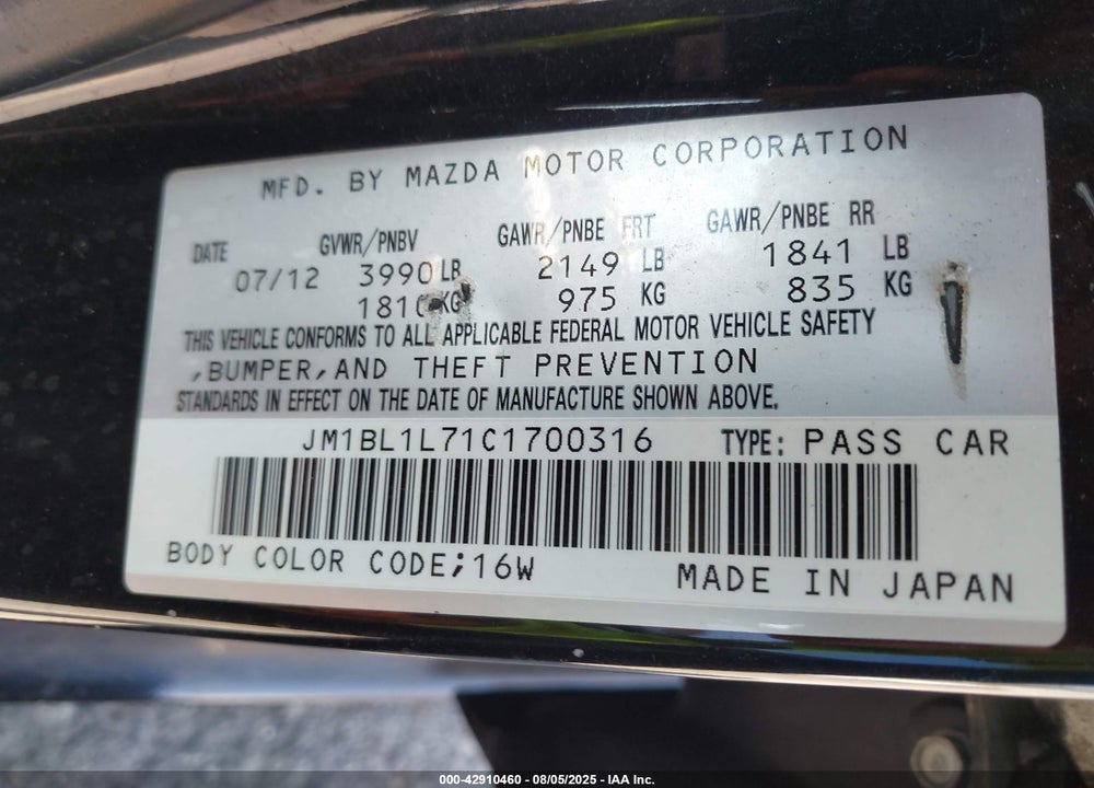 2012 MAZDA 3 VIN: JM1BL1L71C1700316