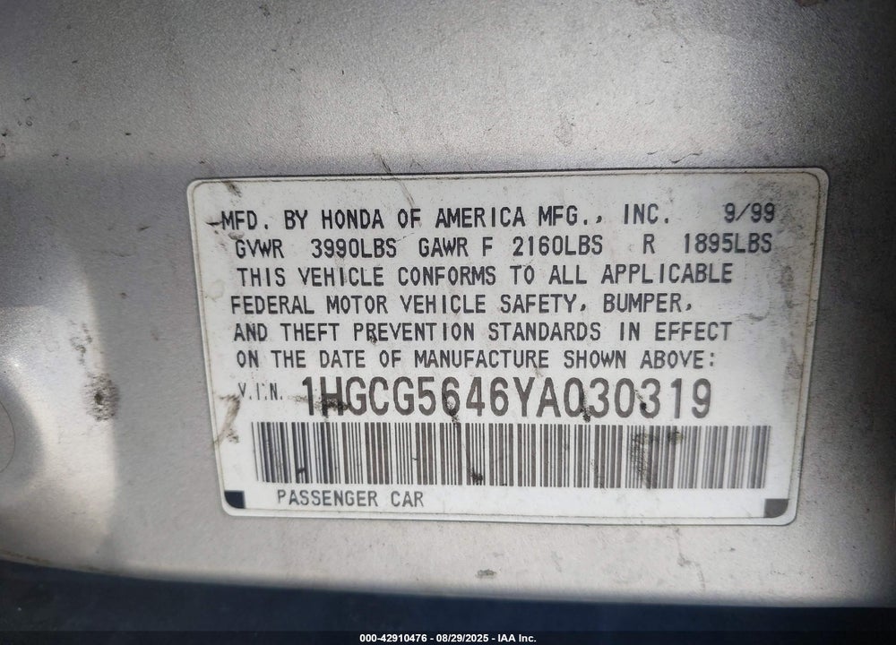 2000 HONDA ACCORD 2.3 LX VIN: 1HGCG5646YA030319