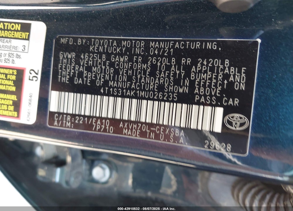 2021 TOYOTA CAMRY VIN: 4T1S31AK1MU026235