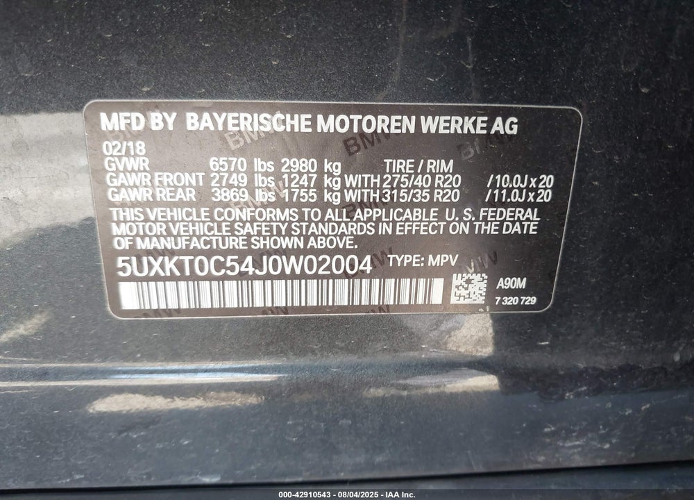 2018 BMW X5 VIN: 5UXKT0C54J0W02004