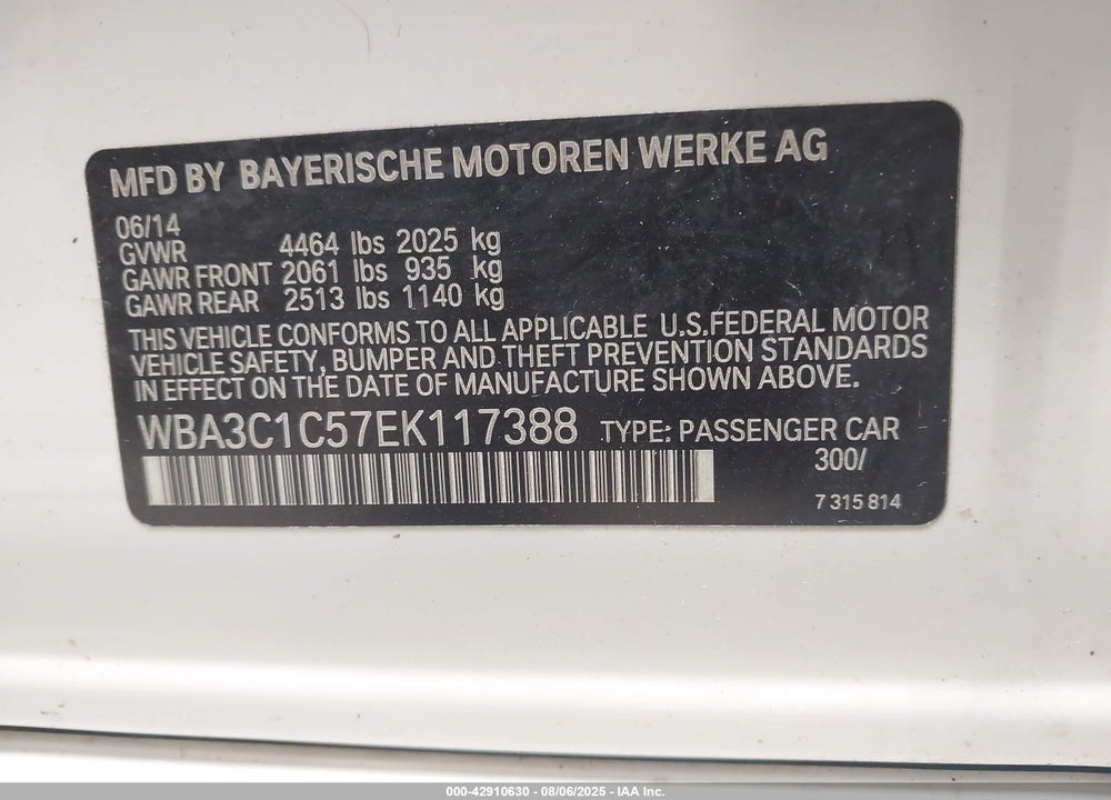 2014 BMW 3 SERIES VIN: WBA3C1C57EK117388