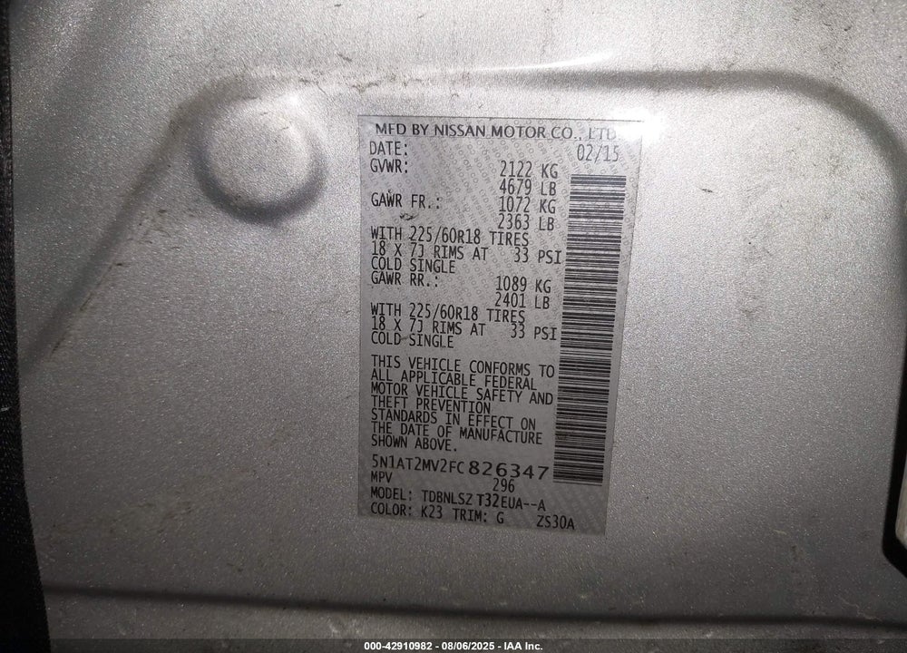 2015 NISSAN ROGUE VIN: 5N1AT2MV2FC826347