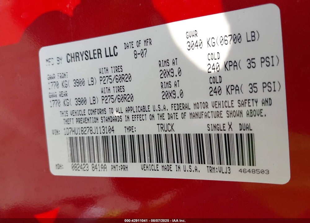 2008 DODGE RAM 1500 VIN: 1D7HU18278J113104