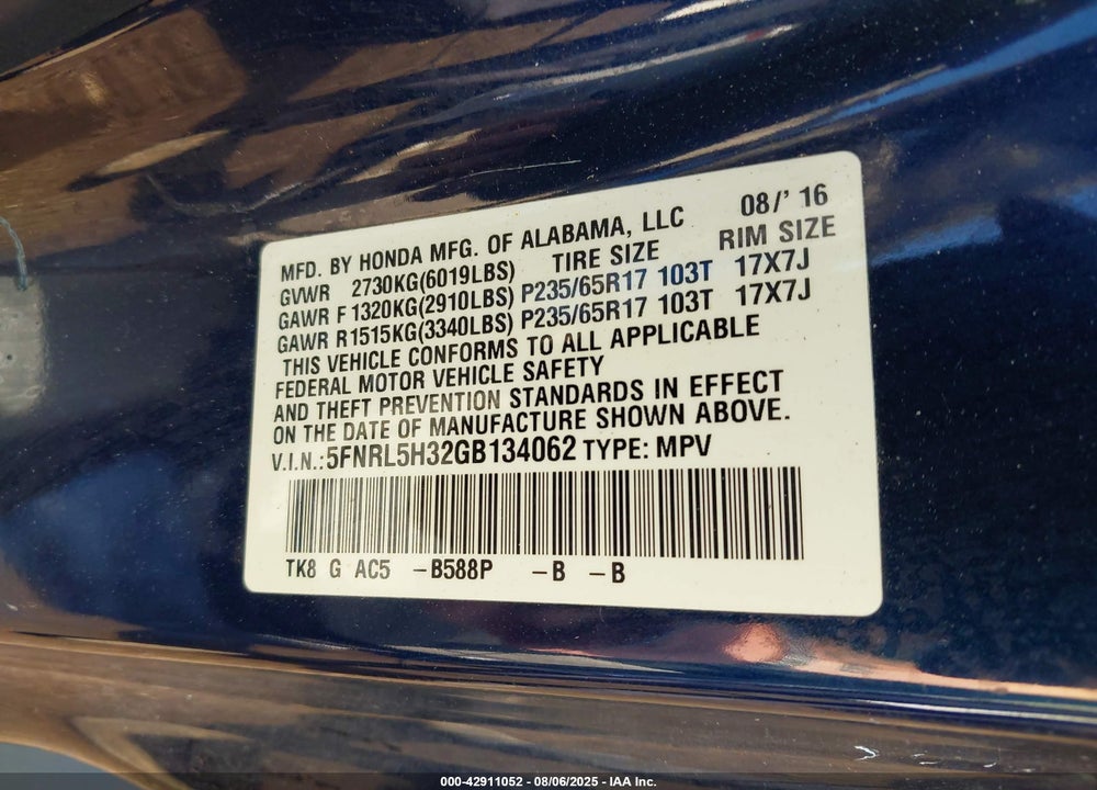 2016 HONDA ODYSSEY SE VIN: 5FNRL5H32GB134062