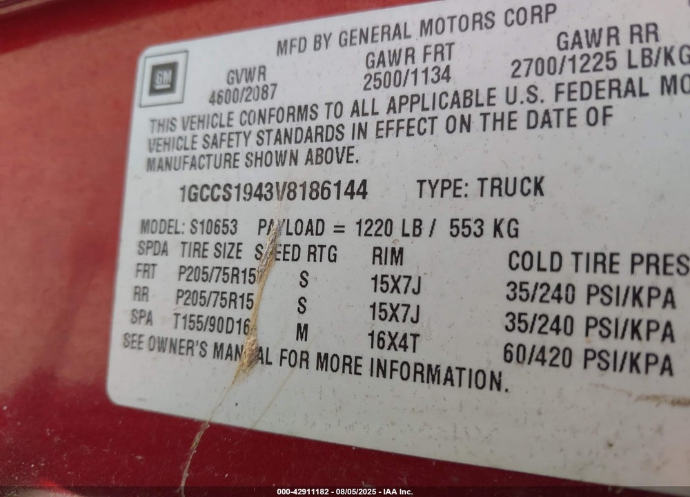 1997 CHEVROLET S-10 LS FLEETSIDE CMI VIN: 1GCCS1943V8186144