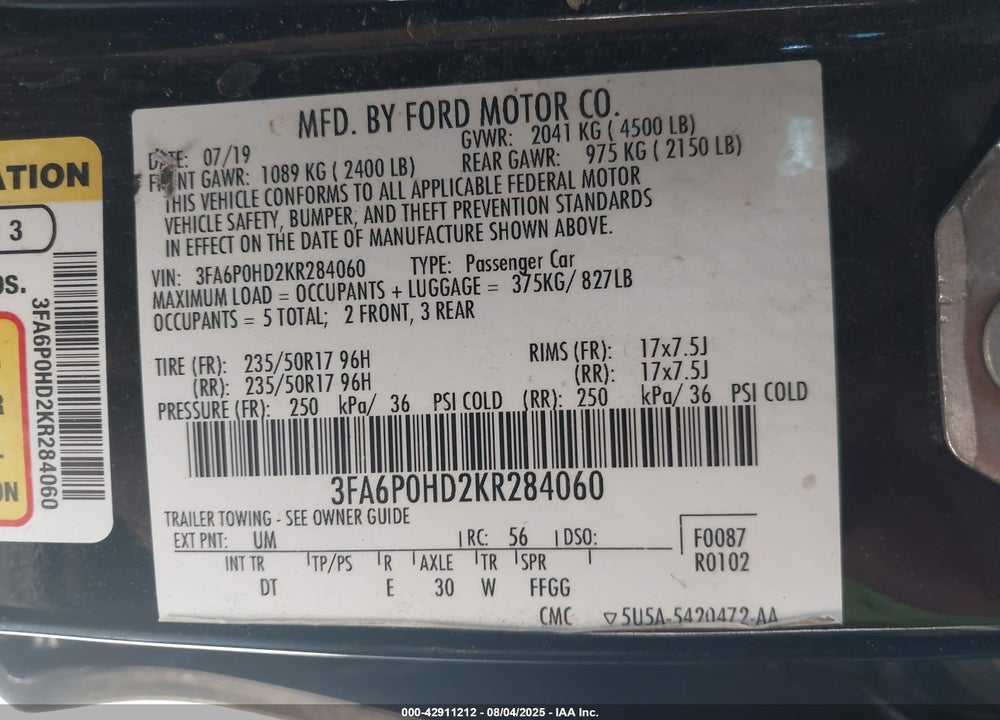2019 FORD FUSION VIN: 3FA6P0HD2KR284060