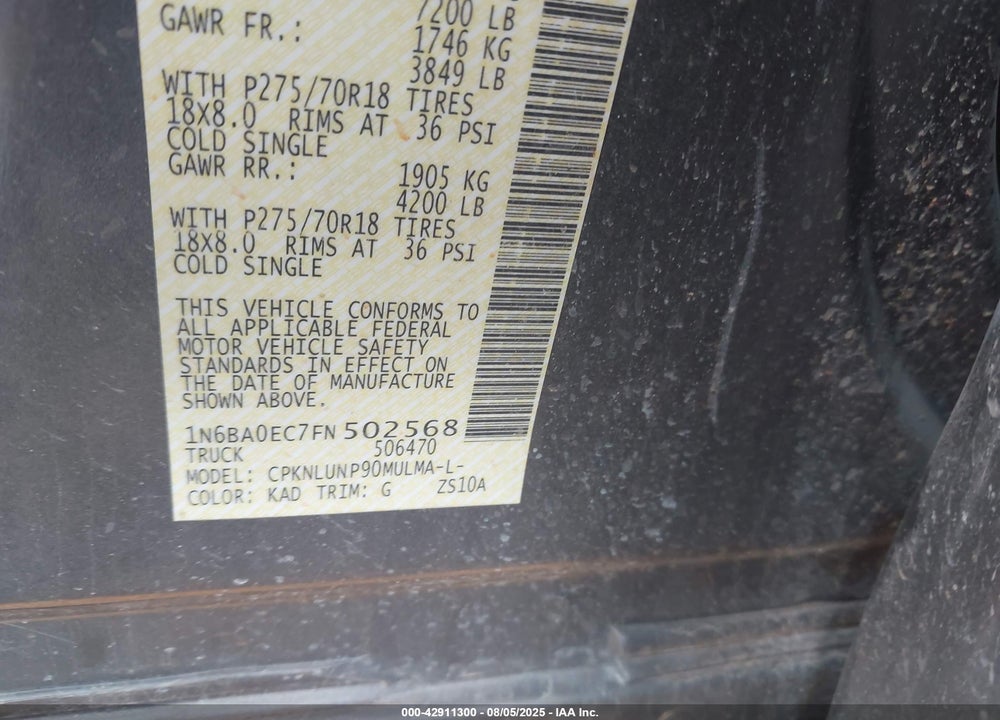 2015 NISSAN TITAN VIN: 1N6BA0EC7FN502568