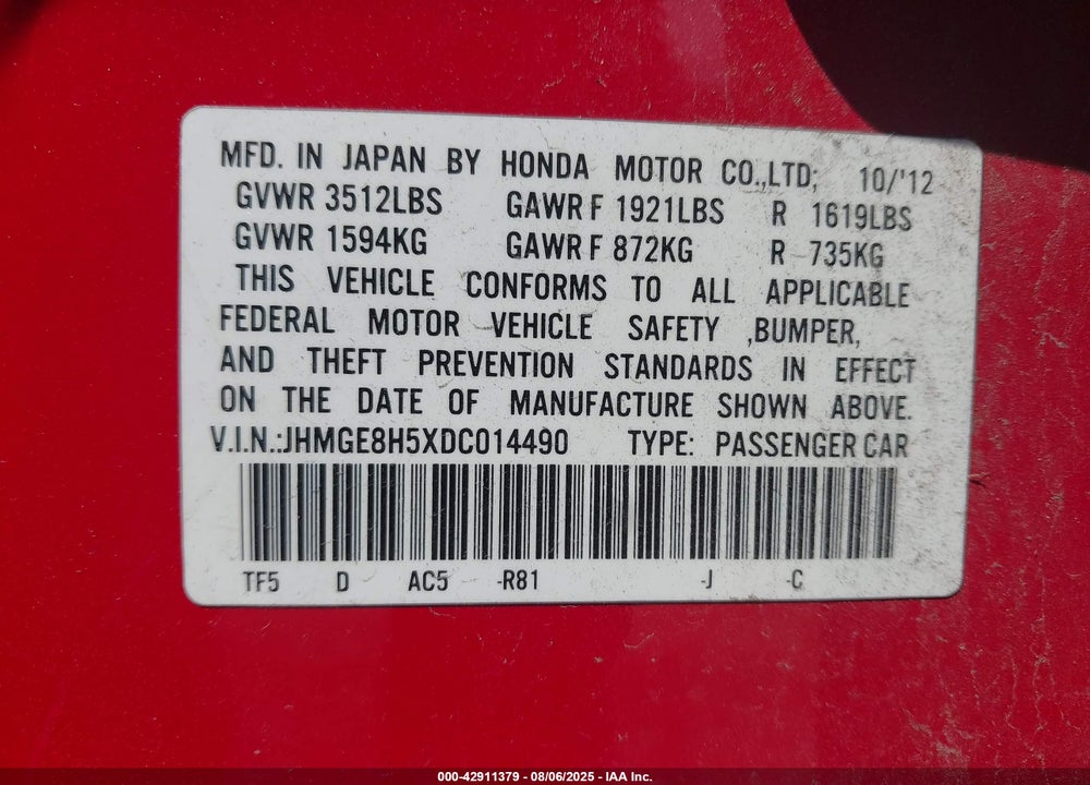 2013 HONDA FIT VIN: JHMGE8H5XDC014490