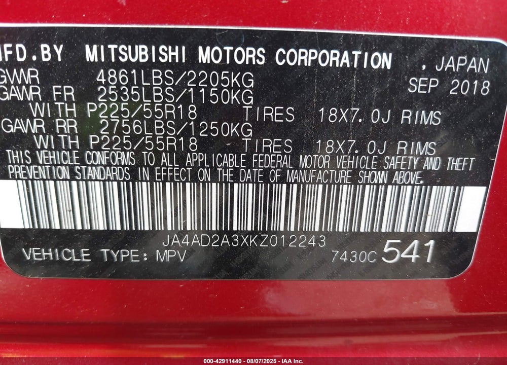 2019 MITSUBISHI OUTLANDER VIN: JA4AD2A3XKZ012243