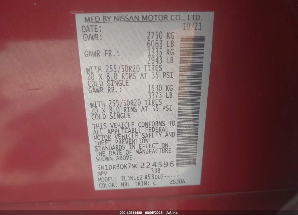 2022 NISSAN PATHFINDER VIN: 5N1DR3DK7NC224596