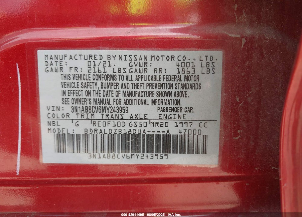 2021 NISSAN SENTRA VIN: 3N1AB8CV6MY243959