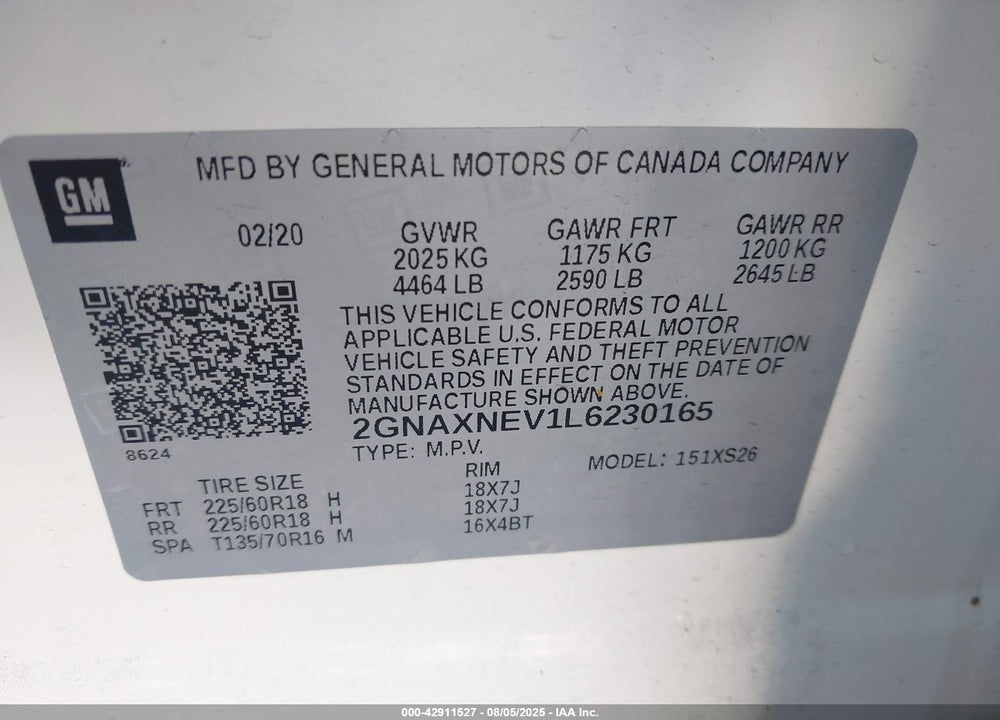 2020 CHEVROLET EQUINOX FWD PREMIER 1.5L TURBO VIN: 2GNAXNEV1L6230165