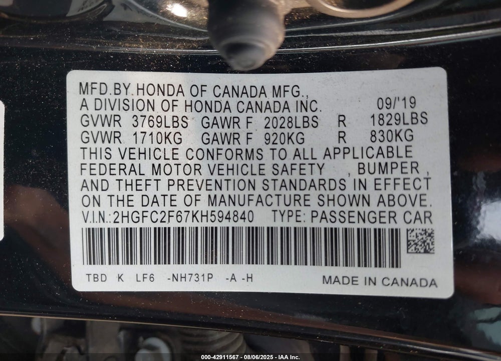 2019 HONDA CIVIC LX VIN: 2HGFC2F67KH594840